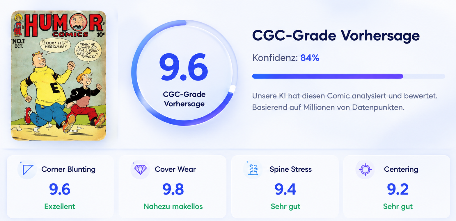 SlabScan KI-Analyse Beispiel: CGC-Grade Vorhersage 9.6 mit 84% Konfidenz und Bewertung von Corner Blunting, Cover Wear, Spine Stress und Centering